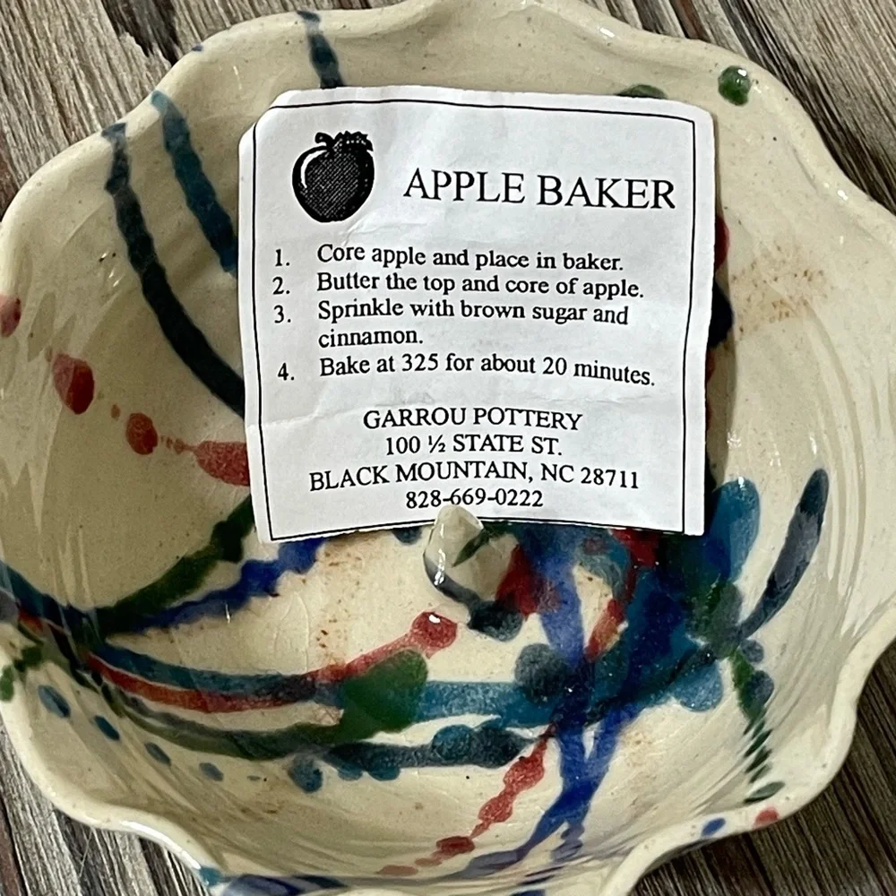 John Garrou Pottery Hand Crafted Ceramic Apple Baker Bowl Paint Splatter Recipe